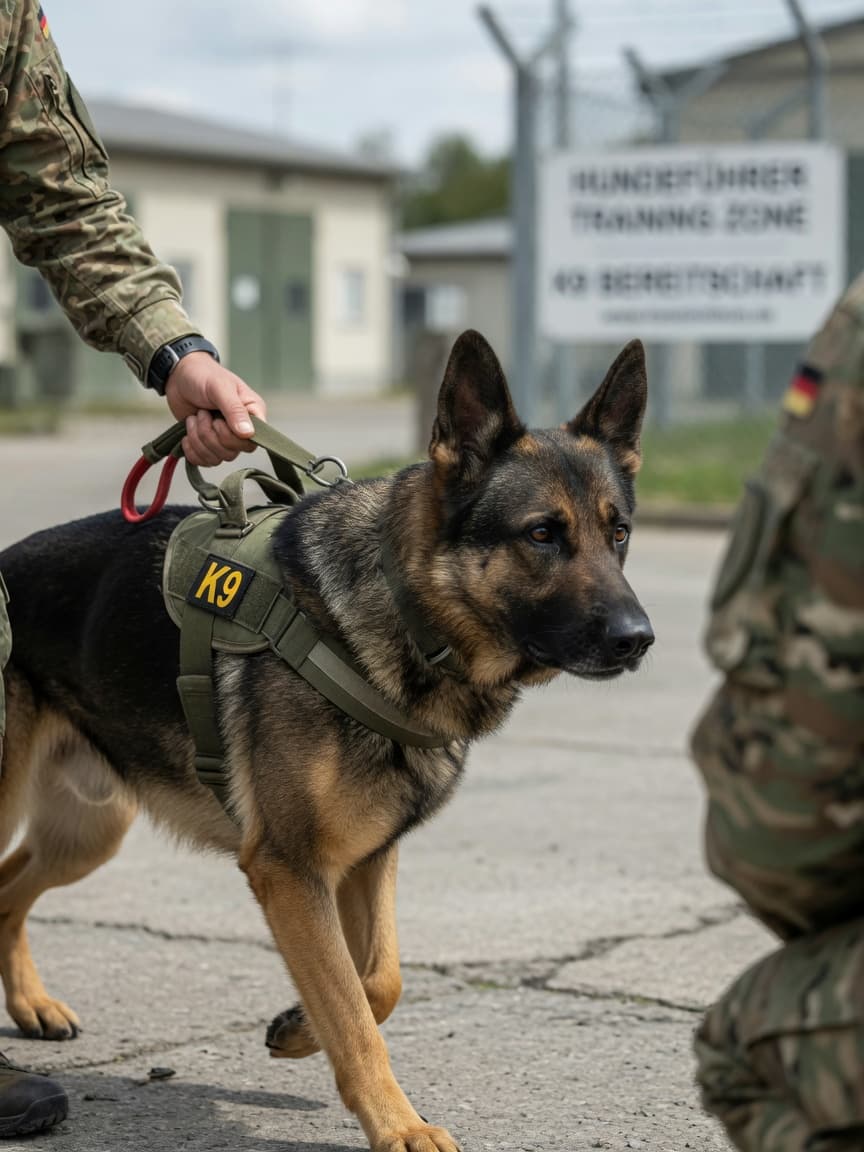 German Shepherd military working dog in tactical harness beside handler during training