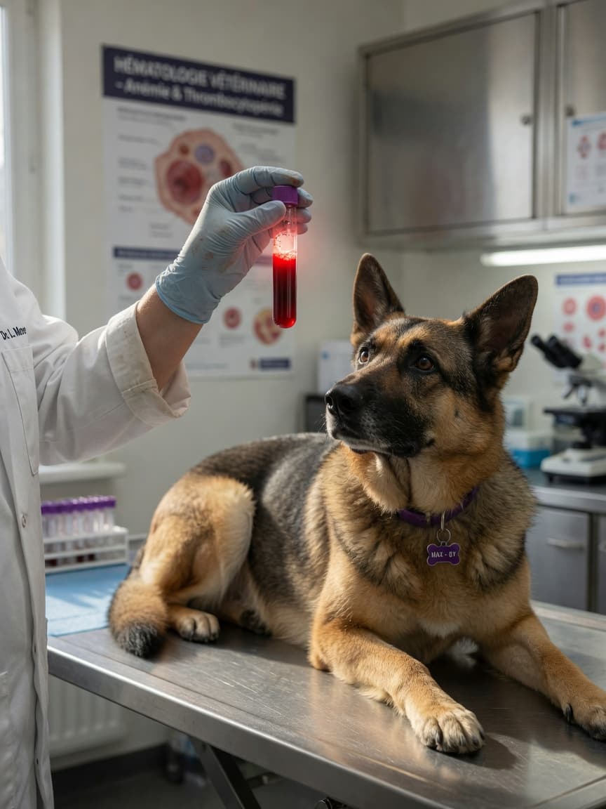 Veterinarian examining a blood sample vial with a dog on examination table during polycythaemia diagnosis
