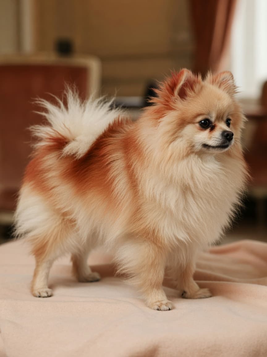 A fluffy cream and red Pomeranian with luxurious double coat, alert expression, and small stature showcasing the breed's fox-like features
