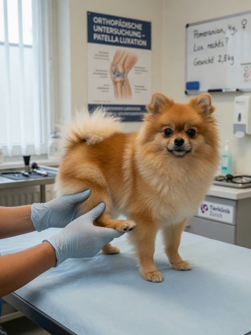 Veterinarian examining a Pomeranian's hind leg during orthopedic assessment on examination table