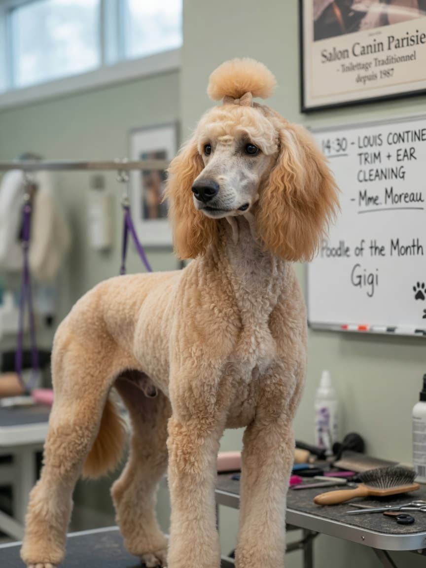 Standard Poodle with continental clip grooming in a professional salon setting