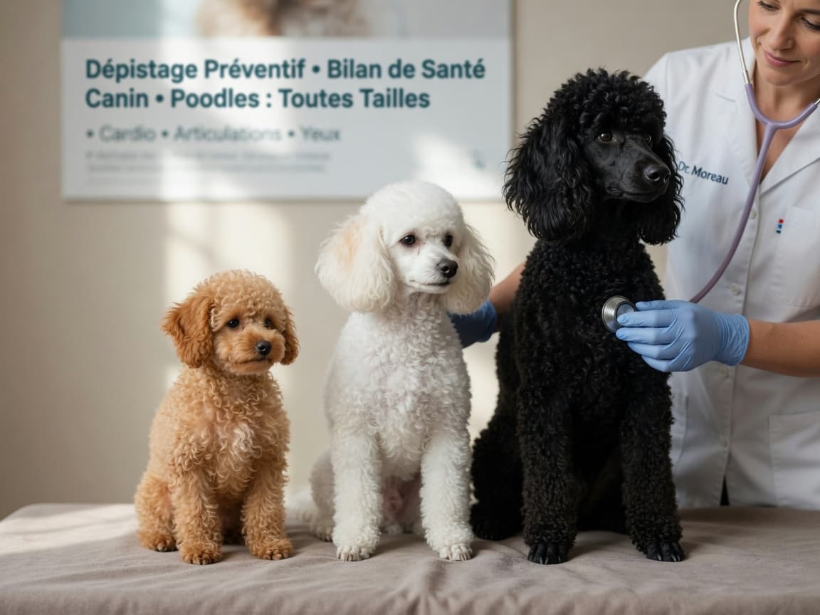 Three Poodles of different sizes lined up for a veterinary health examination