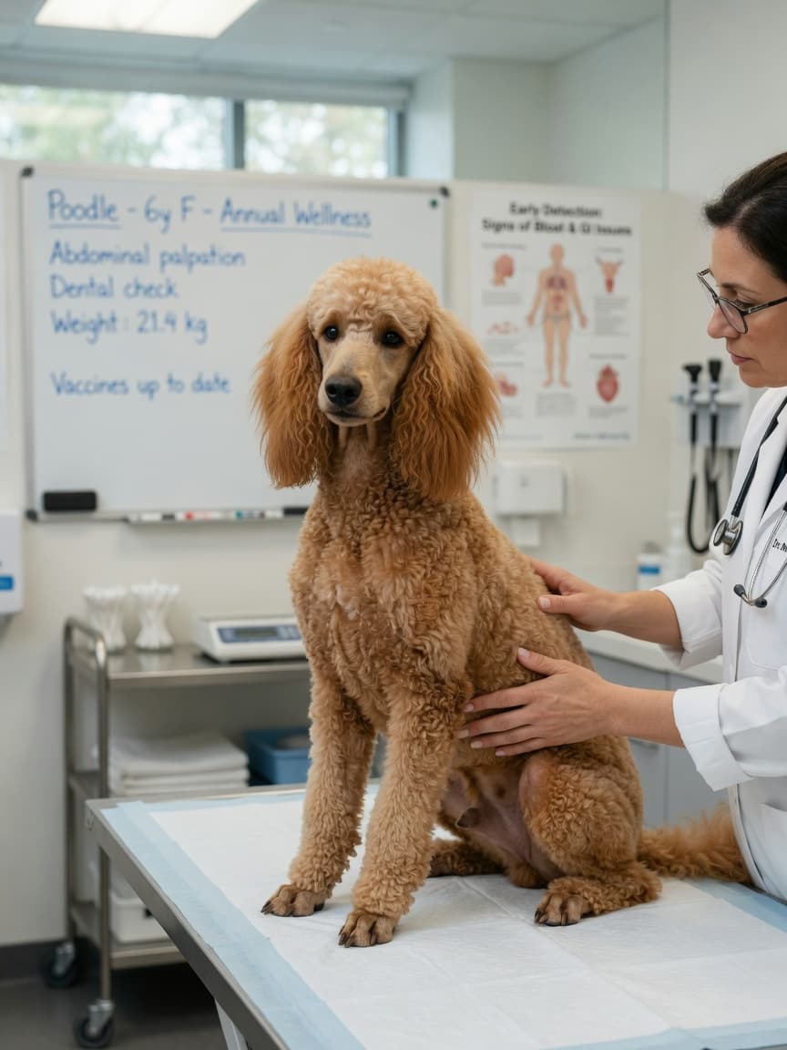 Standard Poodle undergoing veterinary health examination on exam table