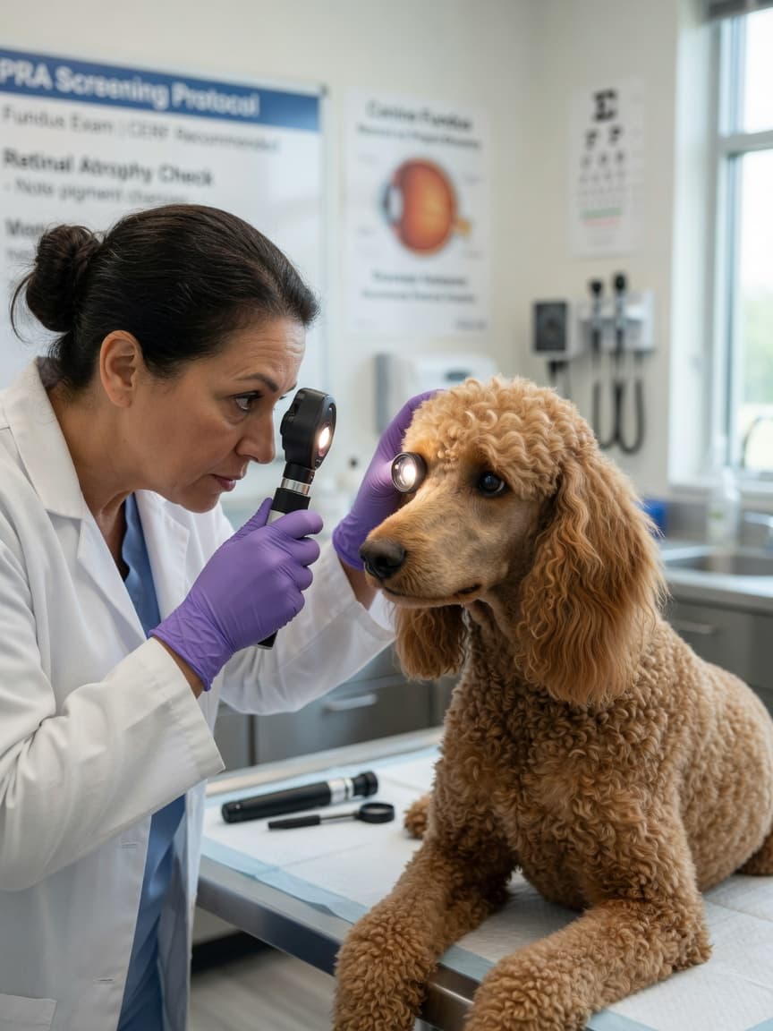 Veterinary ophthalmologist performing eye examination on Standard Poodle with apricot curly coat