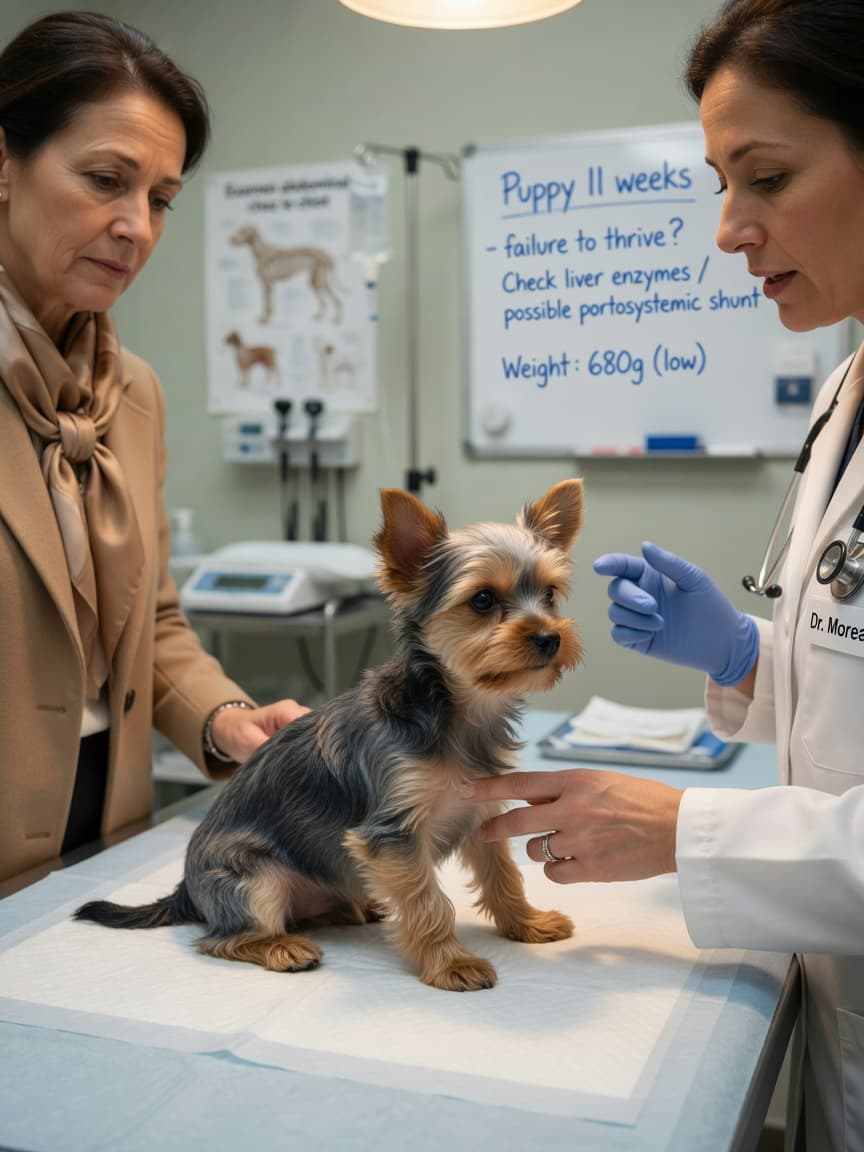 Small Yorkshire Terrier puppy on veterinary examination table during hepatic assessment