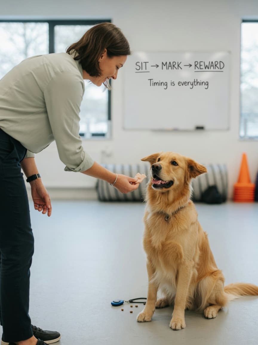 Dog trainer giving high-value treat to Golden Retriever immediately after sit command