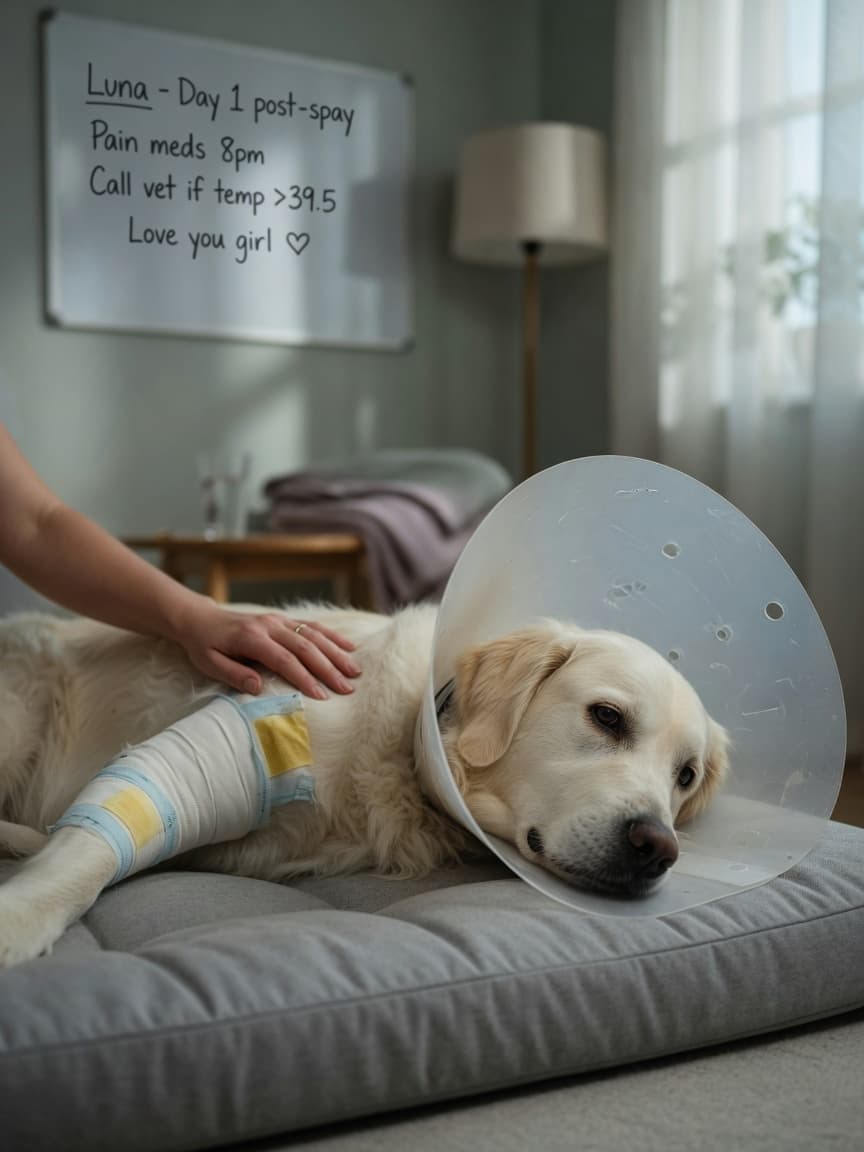 Golden retriever wearing Elizabethan collar resting on orthopedic bed during post-surgery recovery with owner's supportive hand nearby