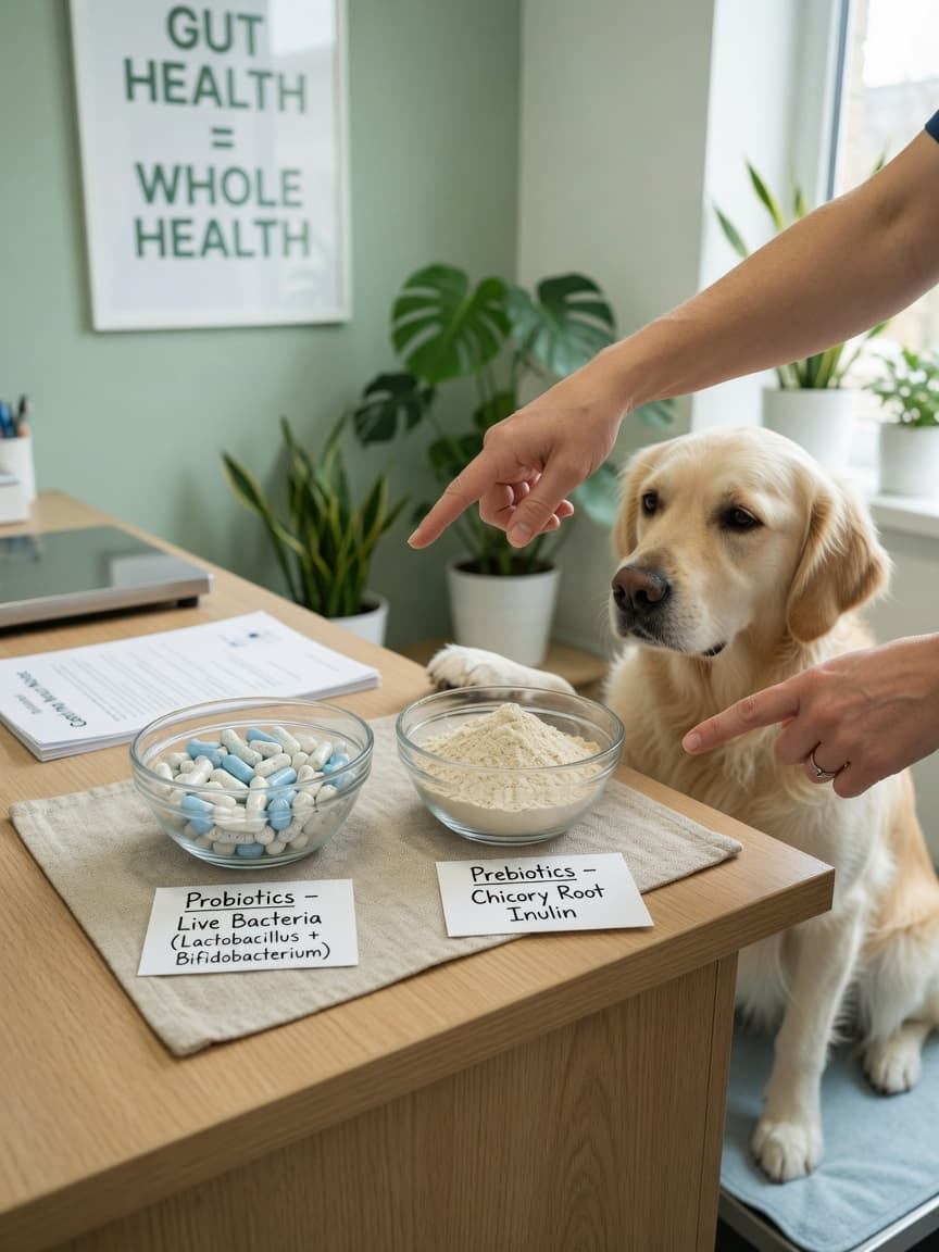 Veterinary desk displaying probiotic capsules and prebiotic powder in separate bowls with a golden retriever observing while the vet explains the difference