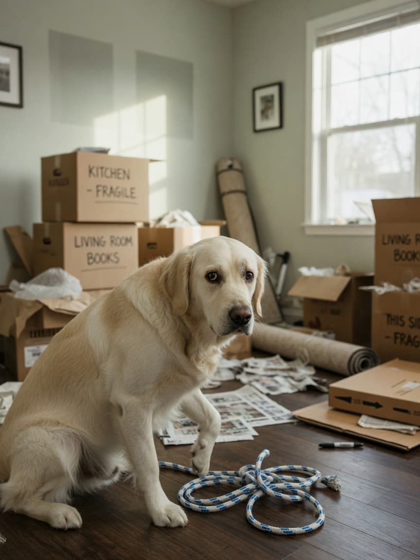 Anxious golden retriever in an empty room surrounded by moving boxes, showing stress during house relocation