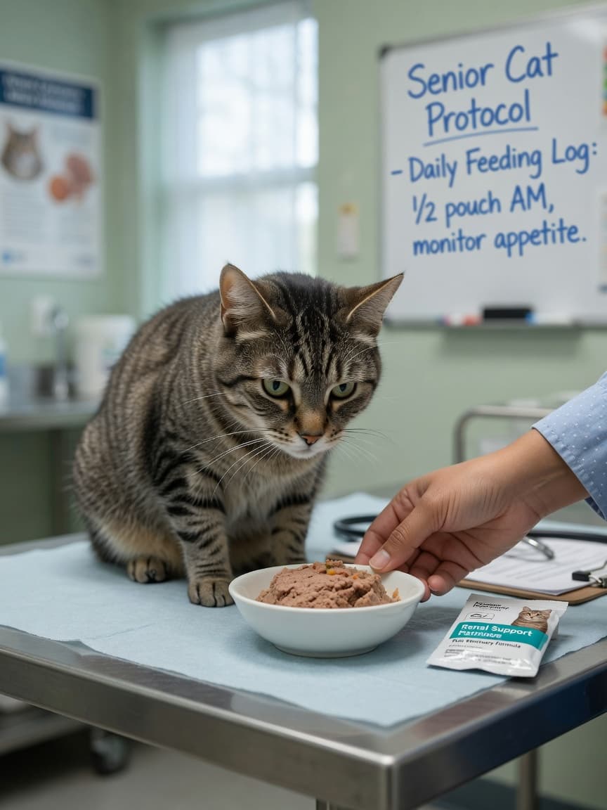Senior tabby cat being offered prescription therapeutic wet food by a veterinarian during a clinical feeding consultation