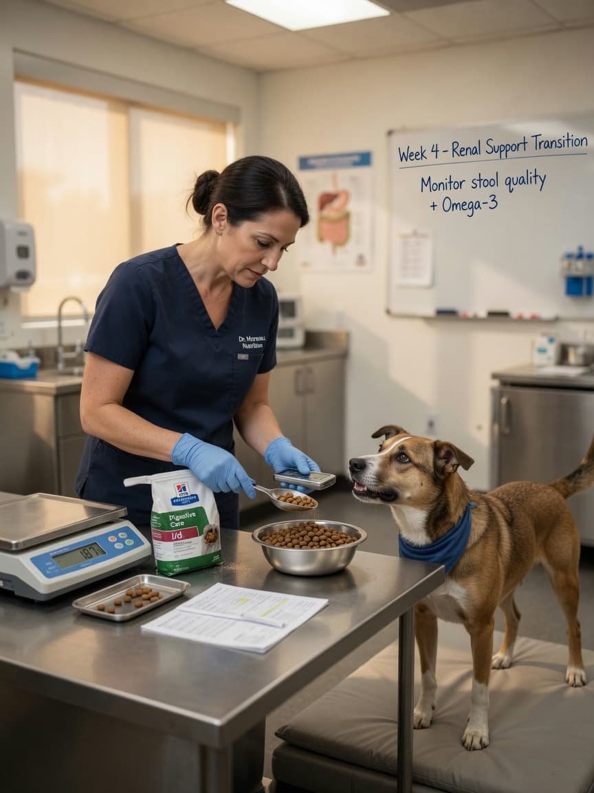 Veterinarian preparing prescription diet food for a dog during a nutrition consultation