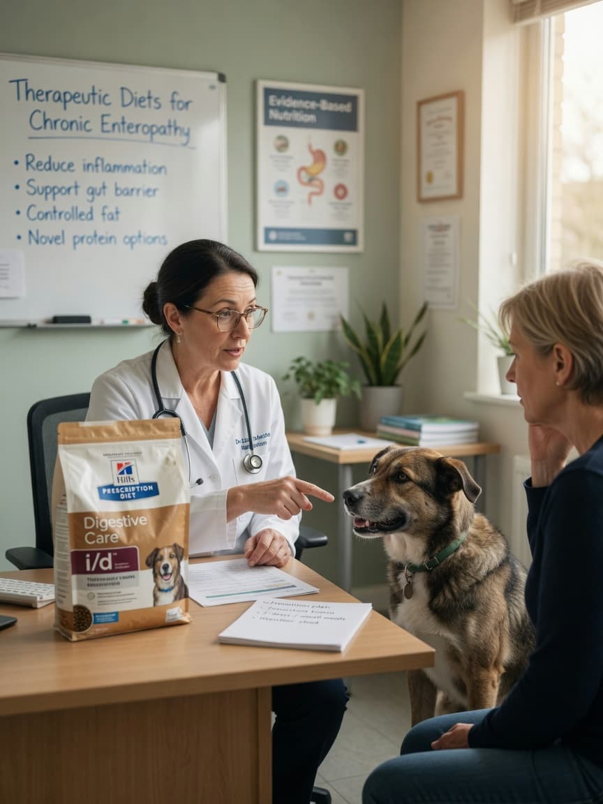 Veterinarian explaining prescription dog food to a dog owner during a consultation