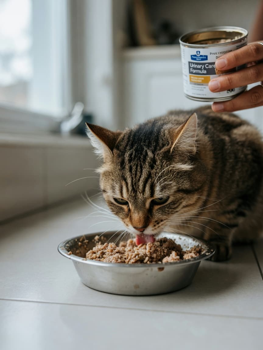 Tabby cat eating wet prescription urinary diet from a bowl with veterinarian in background holding prescription food can