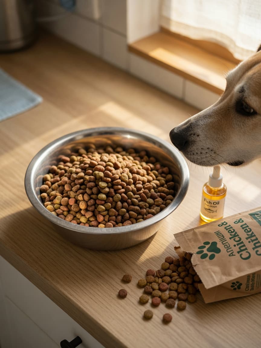 Dog about to eat kibble from a bowl on a kitchen counter next to an open dog food bag and supplement bottle.