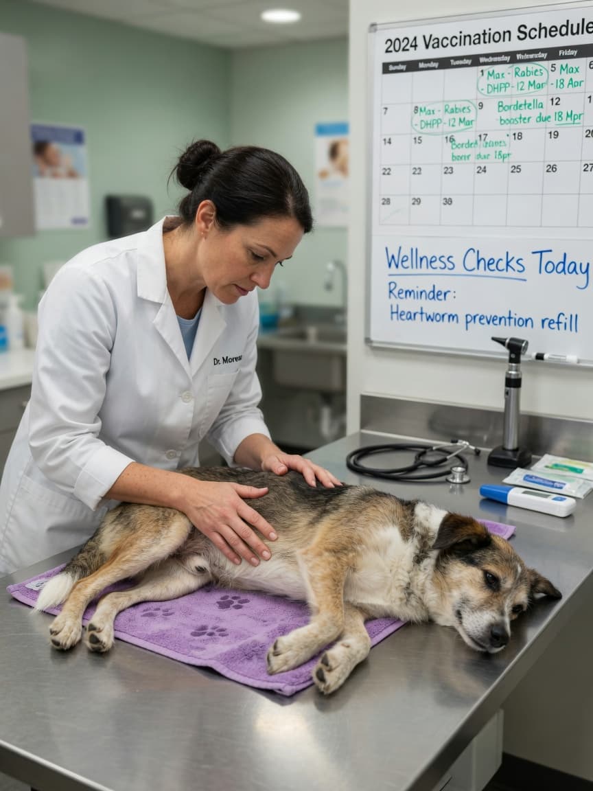 Veterinarian performing a physical examination on a dog during a wellness check