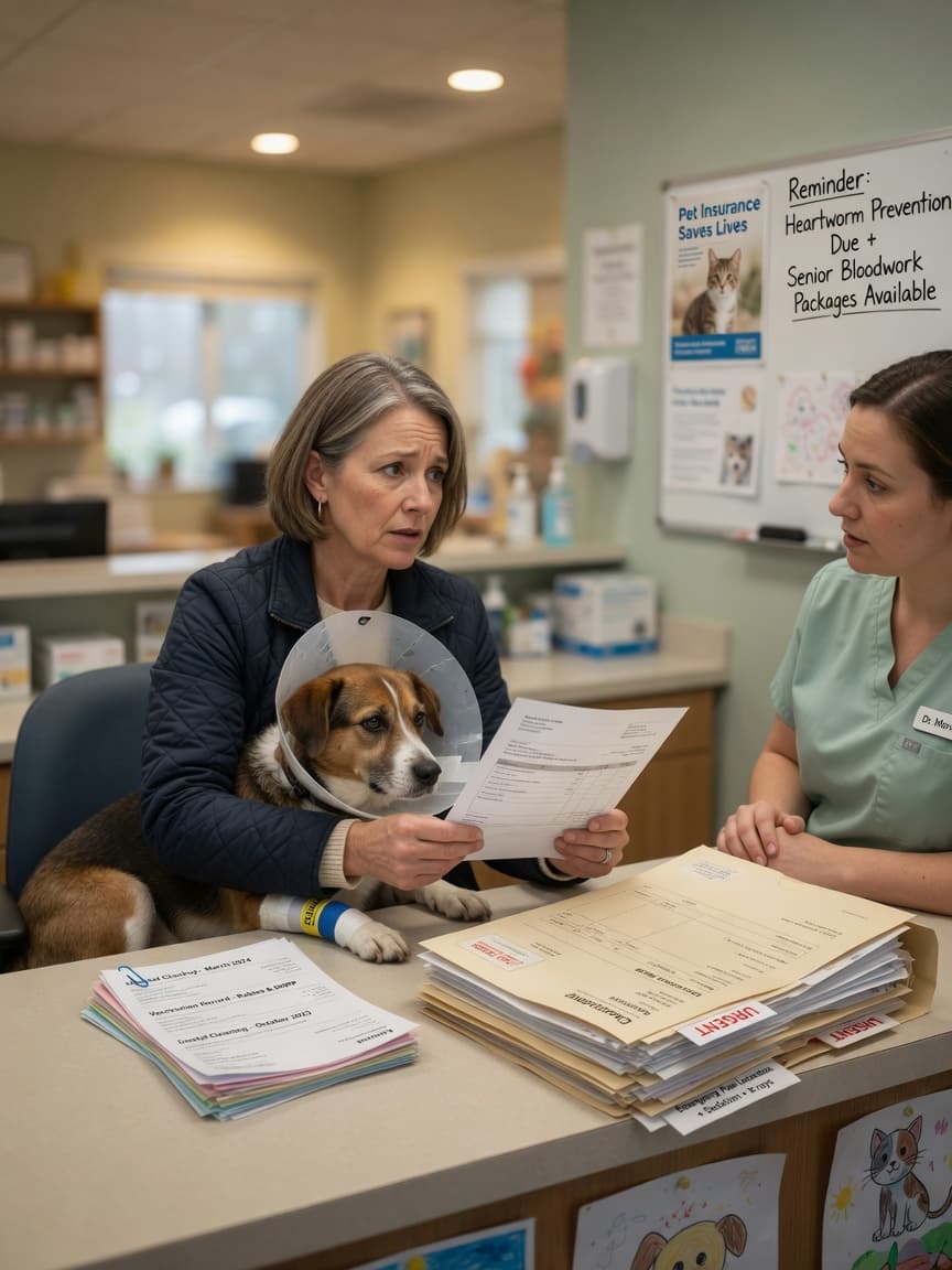 Woman reviewing pet healthcare invoices at vet clinic, showing contrast between routine preventive care costs and emergency expenses