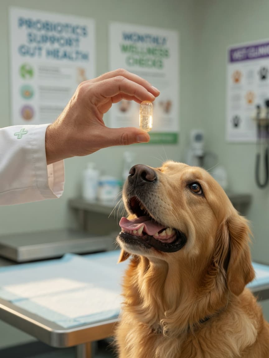 Veterinarian administering a probiotic capsule to a golden retriever during a clinic visit
