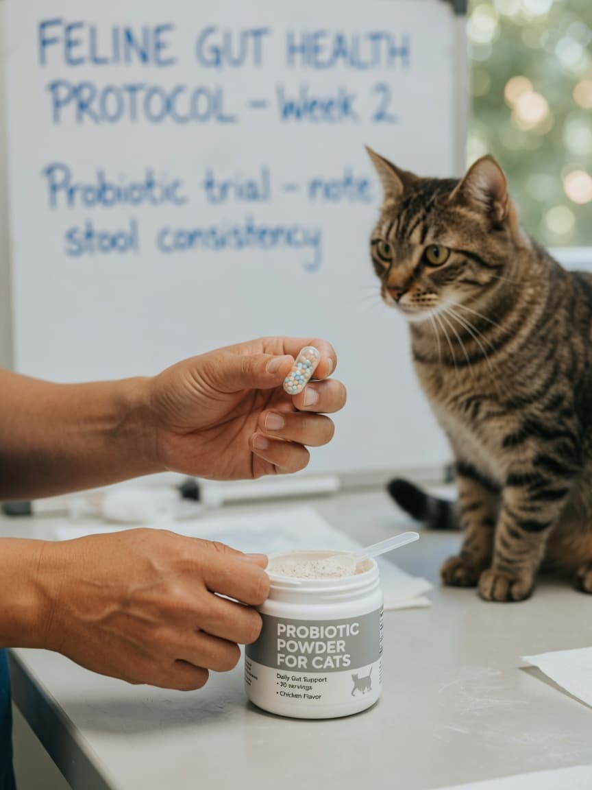Veterinarian holding cat probiotic supplement and examining a tabby cat during a consultation