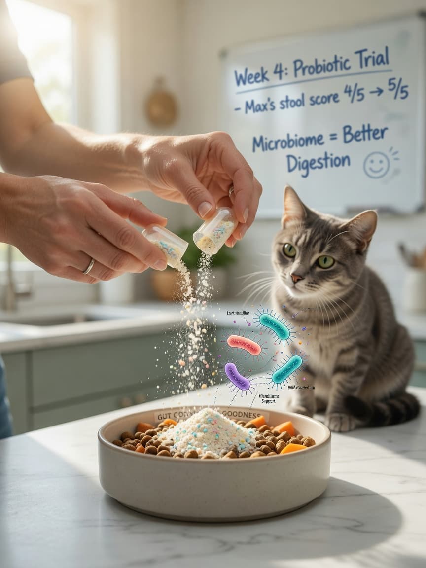 Veterinarian holding open probiotic capsule above dog's food bowl with cat watching nearby in natural kitchen light