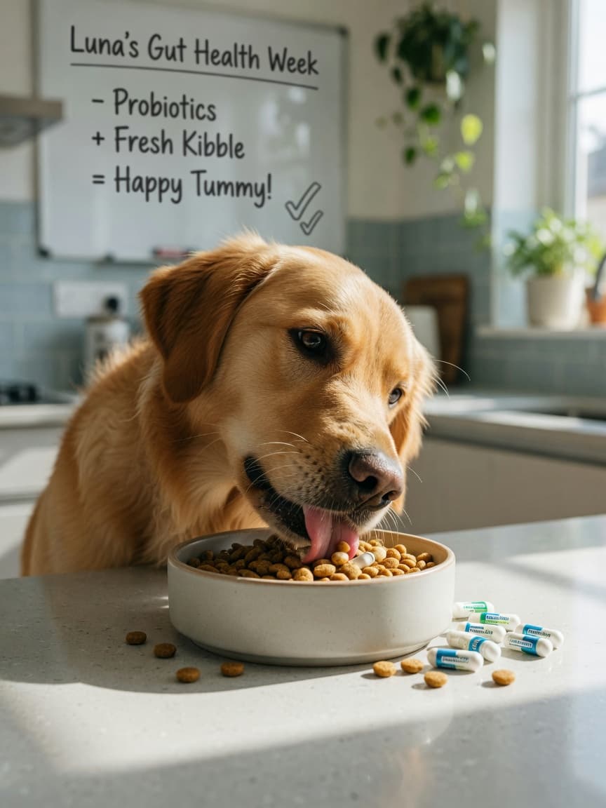 Dog eating from a food bowl with probiotic supplement capsules nearby on the kitchen counter