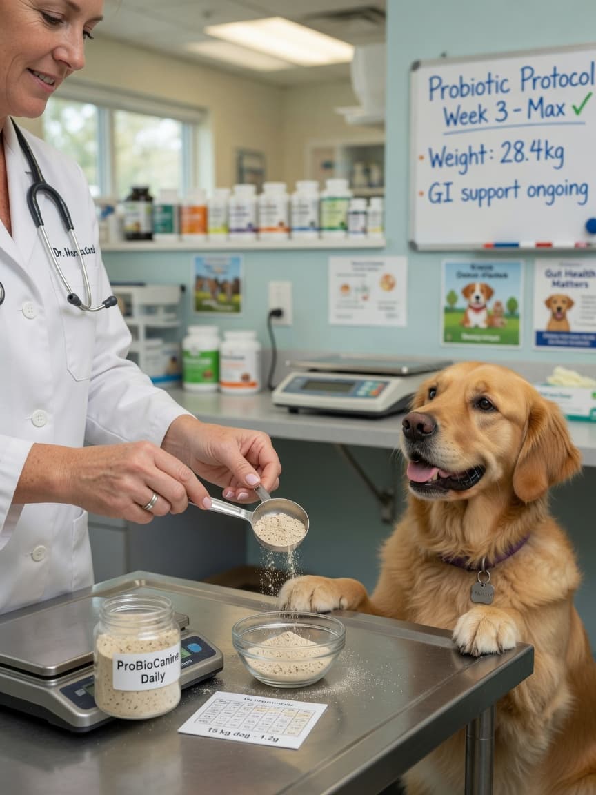 Veterinarian measuring probiotic powder supplement for a golden retriever during a wellness consultation
