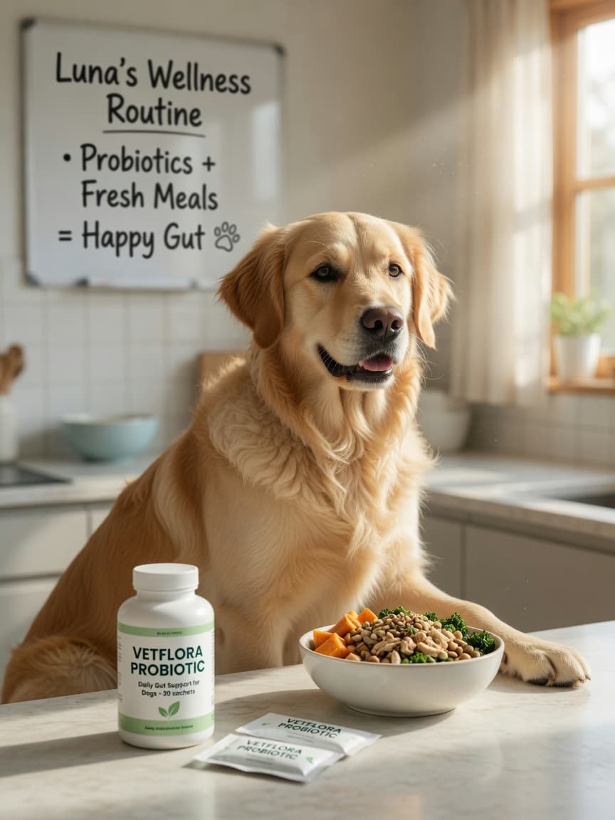 Healthy golden retriever on kitchen counter with probiotic supplement and food bowl in morning light