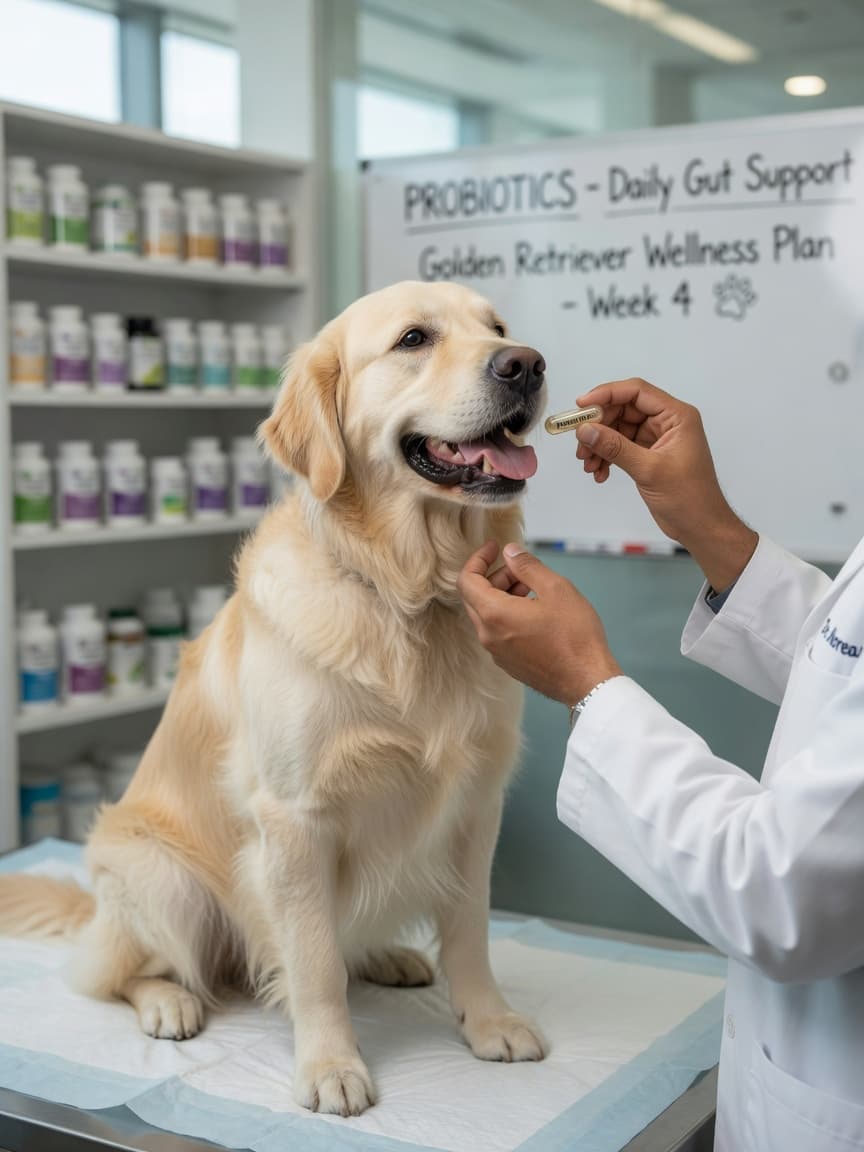 Veterinarian administering a probiotic capsule to a golden retriever during a health consultation
