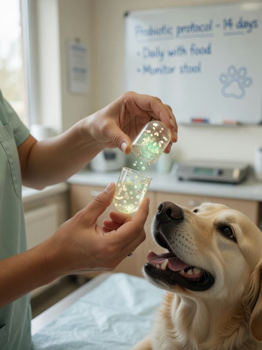 Veterinarian demonstrating probiotic capsule to healthy dog during gut health consultation