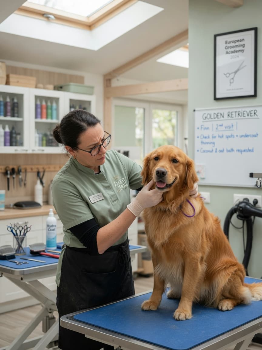 Professional dog groomer examining a Golden Retriever's coat in a clean, modern salon setting