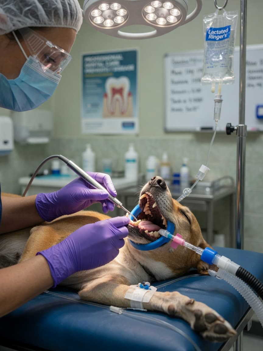 Veterinary dentist performing professional teeth cleaning on an anesthetized dog with dental scaler under surgical lights