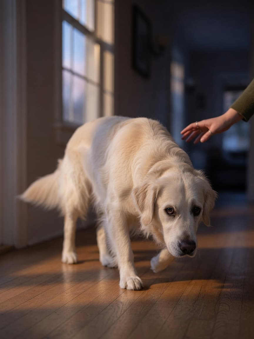 Golden Retriever hesitantly navigating a dimly lit hallway at dusk with dilated pupils, showing early signs of vision loss