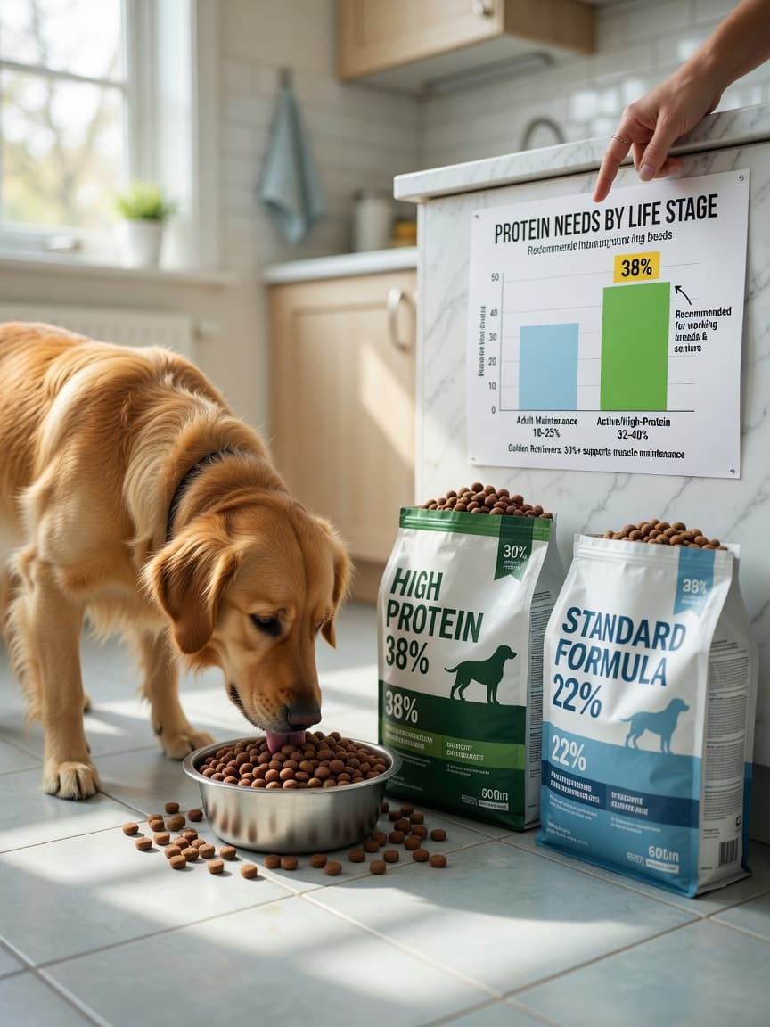 Golden retriever eating kibble from a bowl with dog food bags and veterinarian guidance visible, illustrating protein content considerations