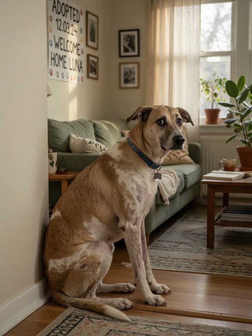 A fearful rescue dog showing signs of trauma and hypervigilance, sitting tensely in a safe home environment with ears back and alert expression.