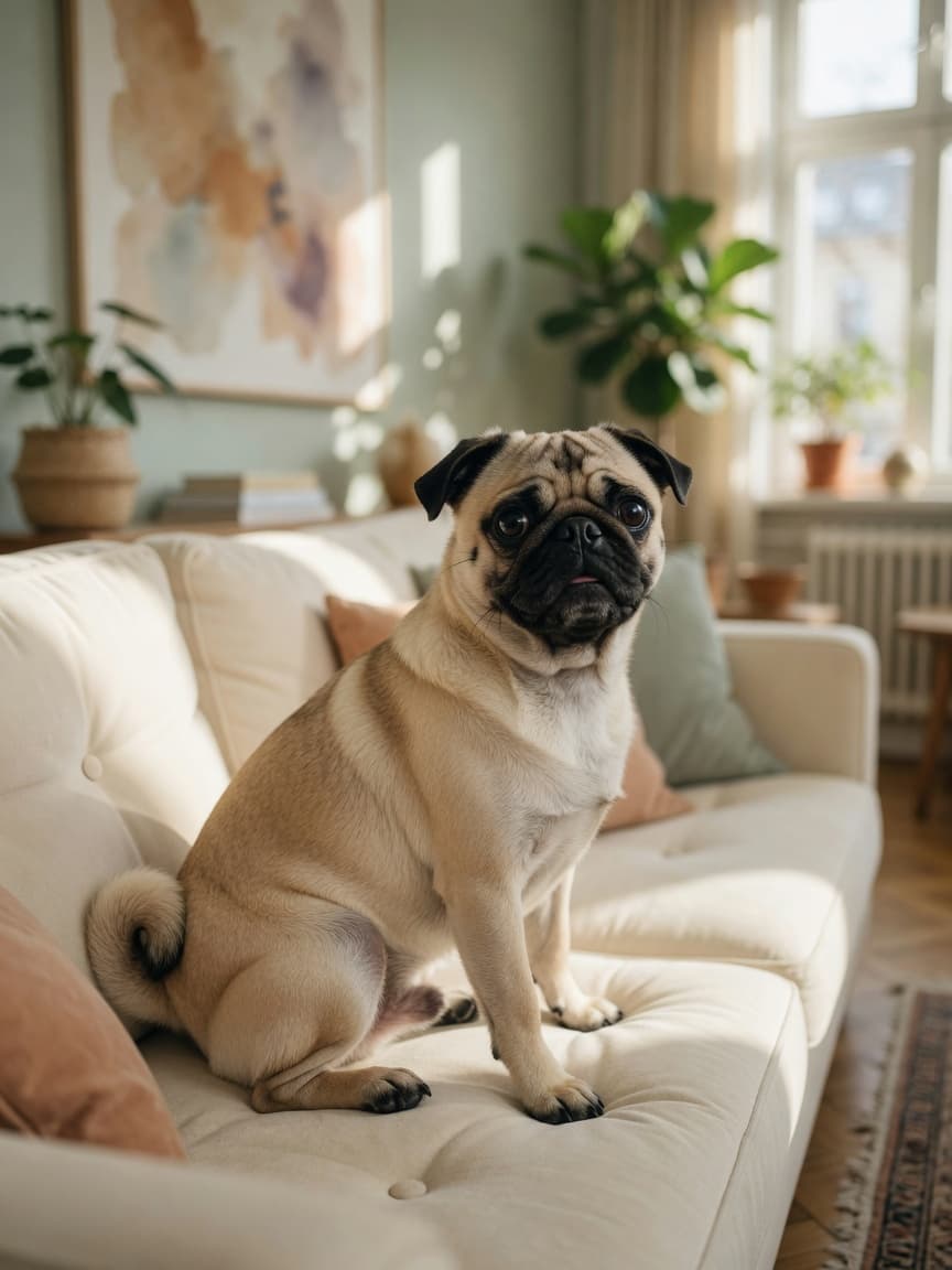 A fawn Pug with black facial markings sitting on a cream sofa in natural daylight, displaying the breed's characteristic flat face and affectionate demeanor