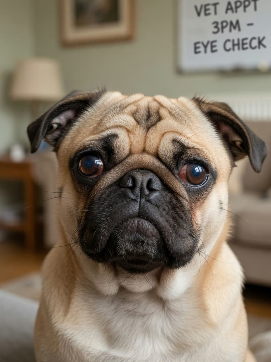 Close-up of a Pug's face showing eye discomfort and redness