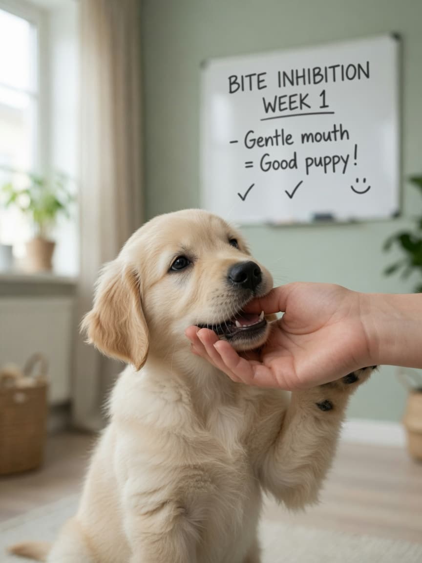 Young Golden Retriever puppy gently mouthing trainer's hand during bite inhibition training