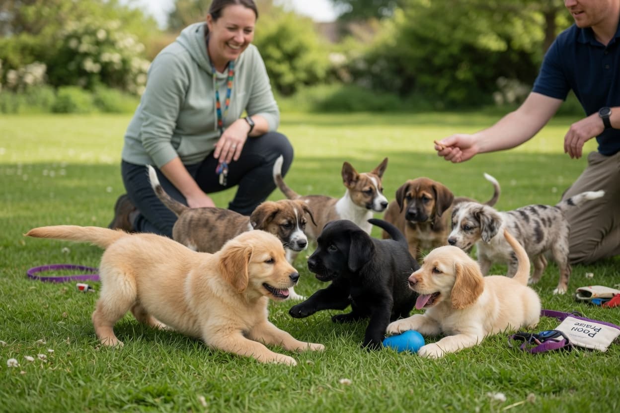 Mixed-breed puppies playing under supervision during a positive reinforcement puppy training class outdoors