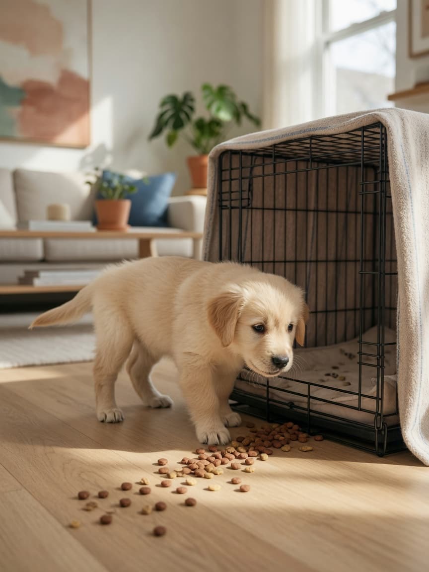 Golden retriever puppy exploring an open crate with treats leading inside