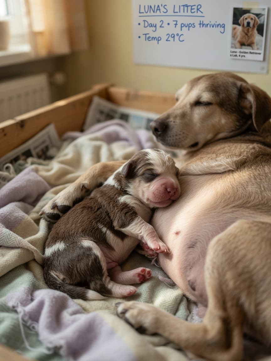 Newborn puppy nestled against mother dog in whelping box during neonatal stage