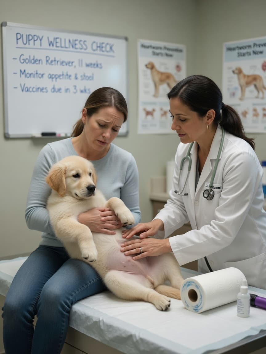 Veterinarian examining a young puppy's abdomen while owner watches with concern during a clinic examination