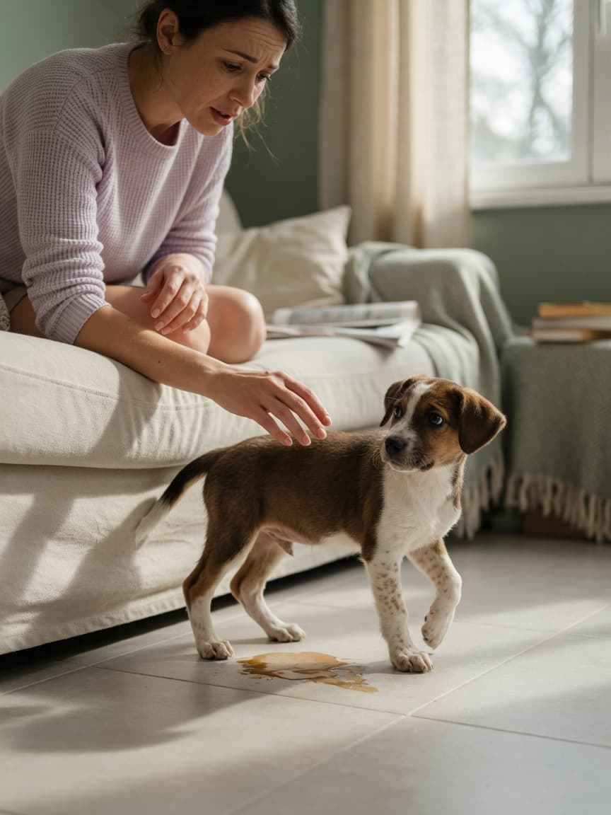 A puppy owner observing their young puppy on a tile floor, monitoring for signs of diarrhoea in natural home lighting.