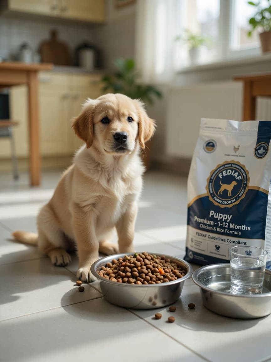 Golden retriever puppy eating from a stainless steel bowl with fresh water nearby, illustrating proper puppy feeding practices