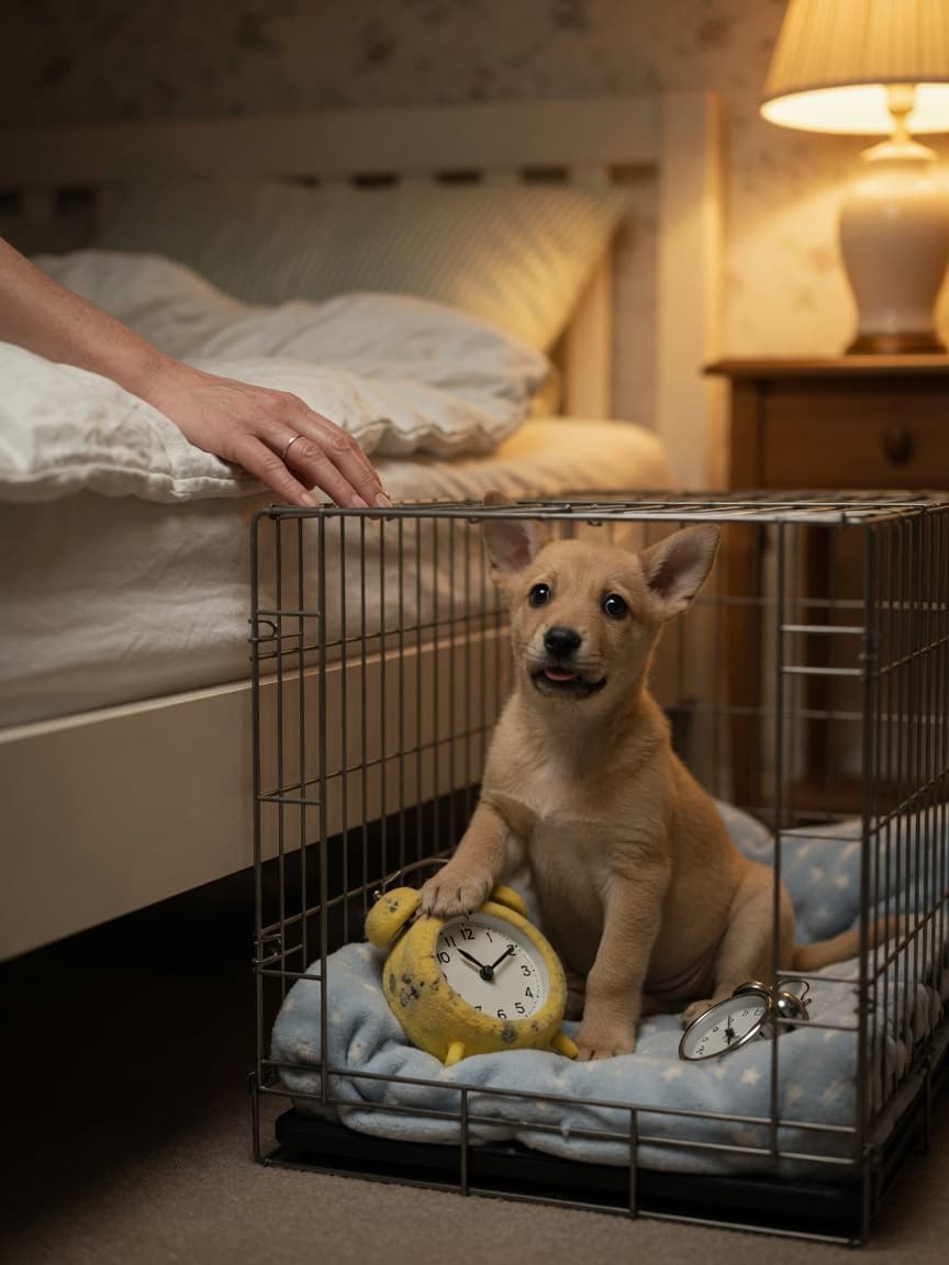 A young puppy in a crate beside a bed, anxiety visible in its alert posture, on its first night at home