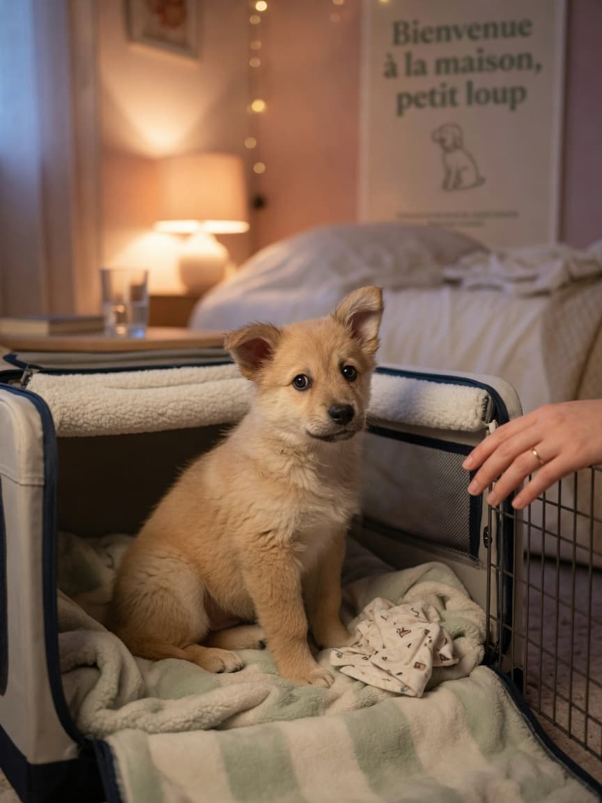 Young puppy in crate on first night home, parent's reassuring hand on door