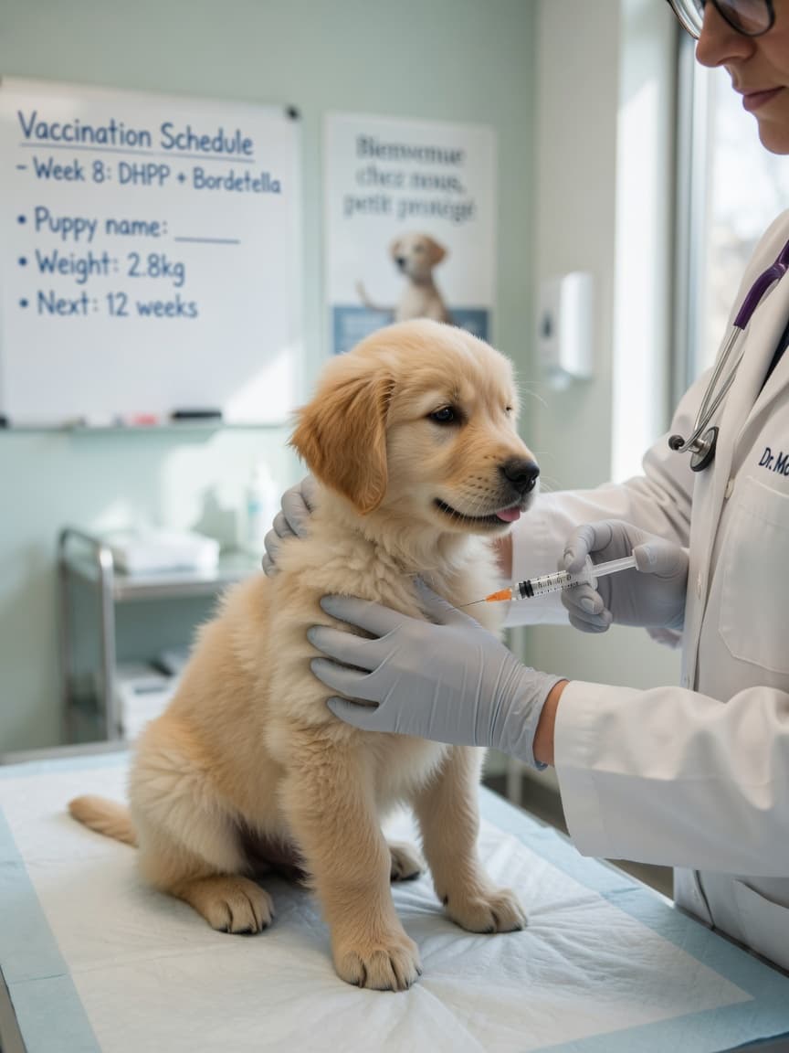 Veterinarian administering first vaccination to young puppy during initial health check visit
