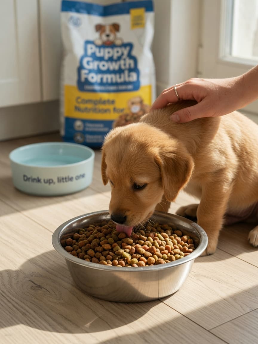 Young puppy eating from a bowl with owner's hand gently touching its back in a sunlit kitchen