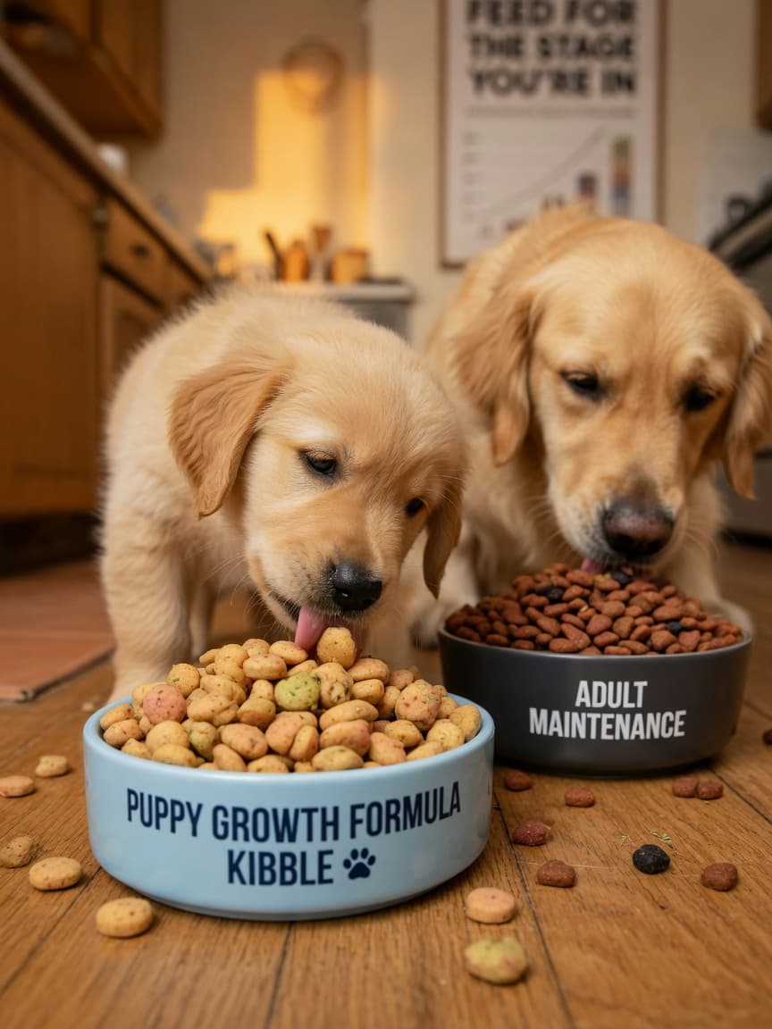 Two dogs eating from different sized bowls with different kibble sizes, illustrating puppy versus adult dog food formulas