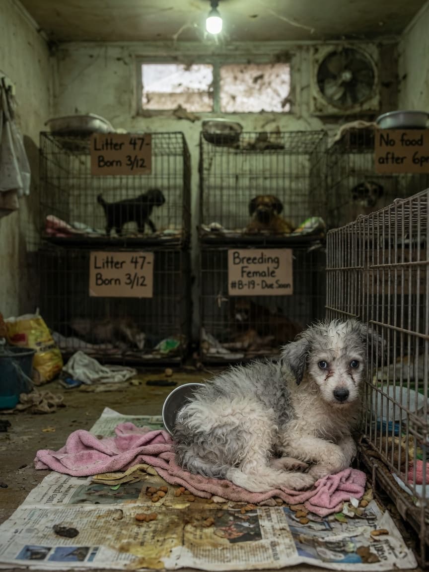 A distressed puppy confined in a wire cage with poor conditions, illustrating the suffering caused by puppy mills