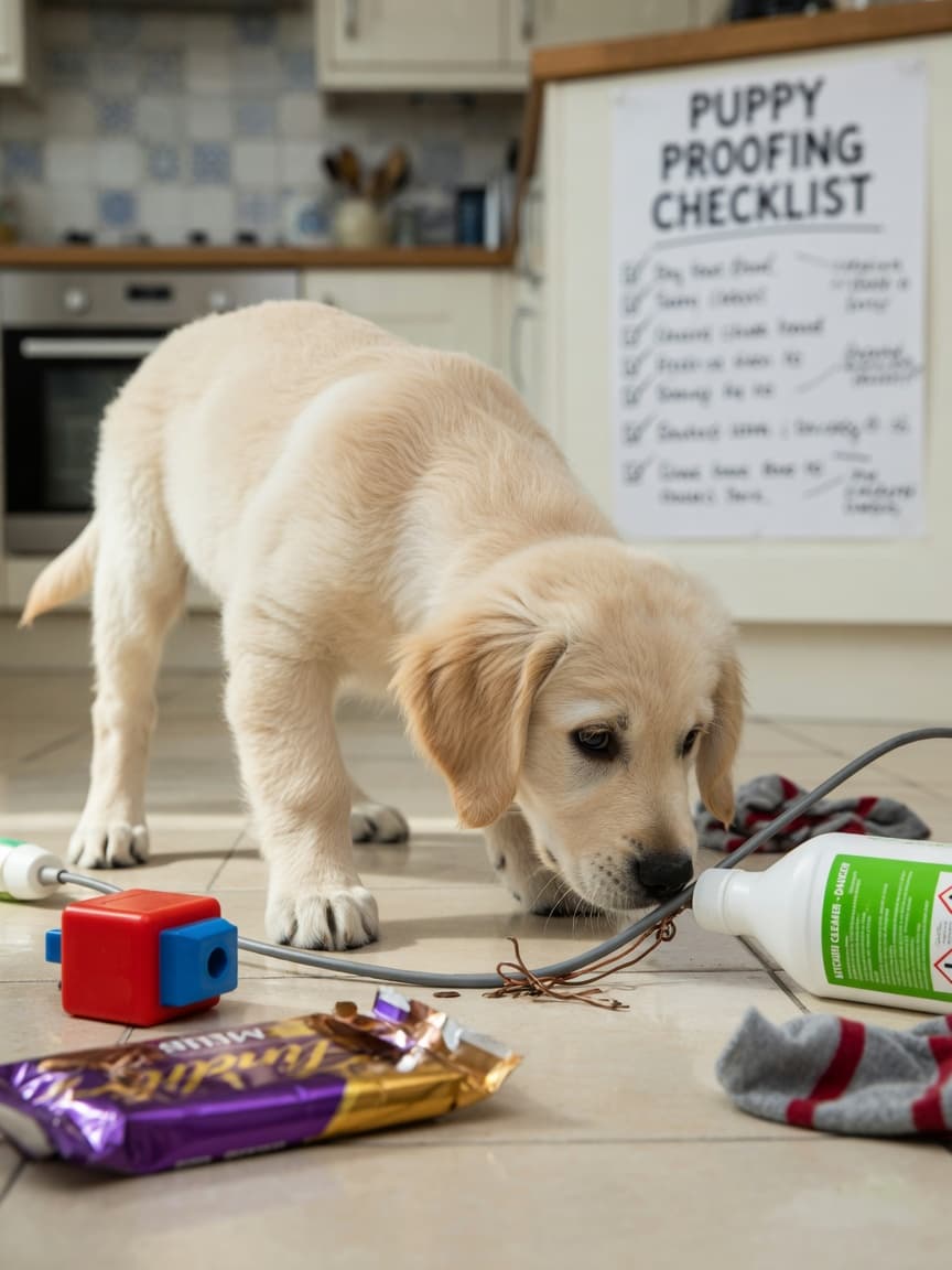 Golden retriever puppy investigating household hazards on a kitchen floor