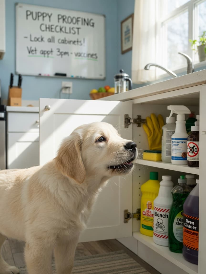 Golden retriever puppy investigating an open kitchen cabinet containing household hazards